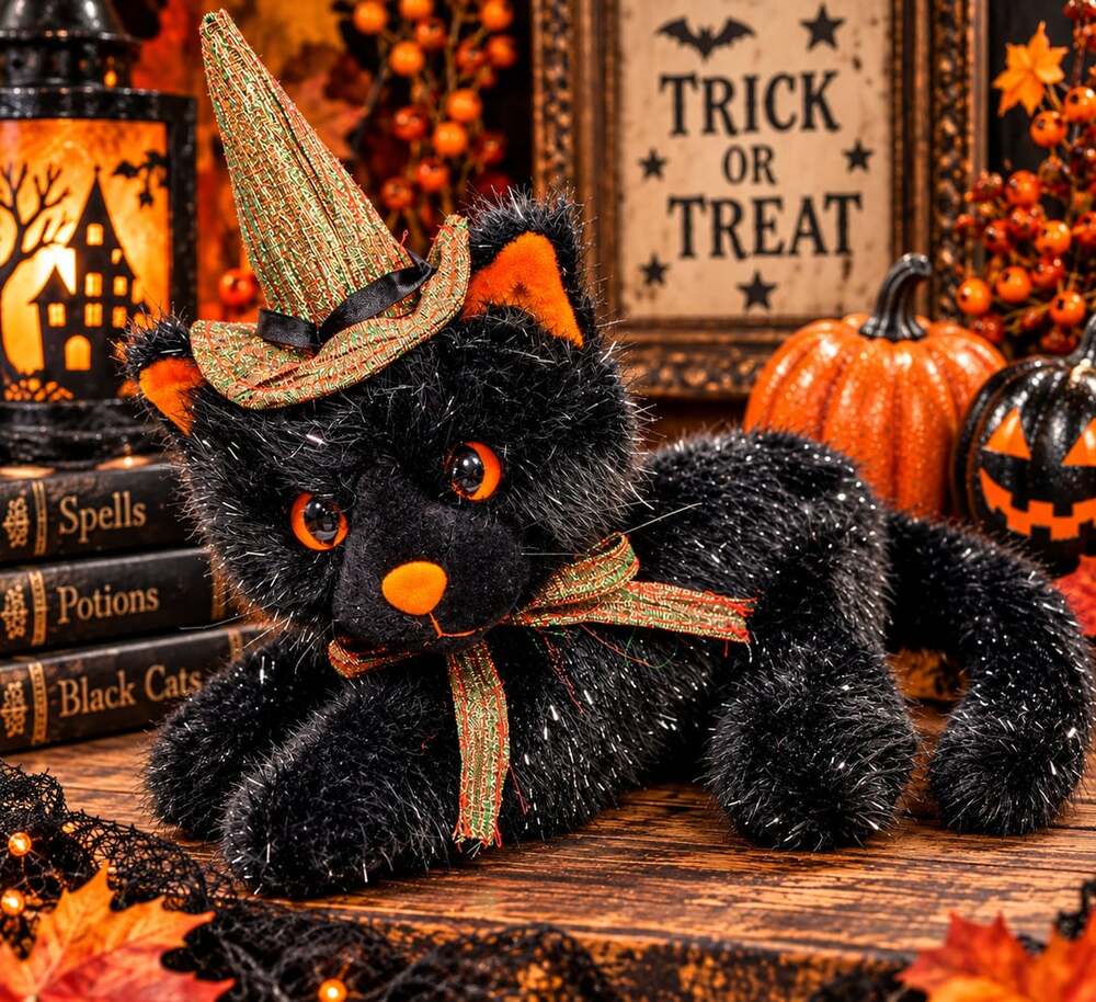 Kids of America Plush Black Cat Witch Hat Sparkle Halloween Plush 2001 Kitty Vtg